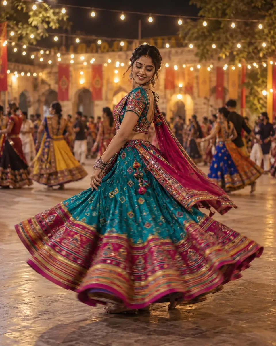 A Gujarati woman in her twenties with warm brown skin wearing a vibrant turquoise and magenta chaniya choli, captured mid-turn with fabric moving naturally in an outdoor garba courtyard