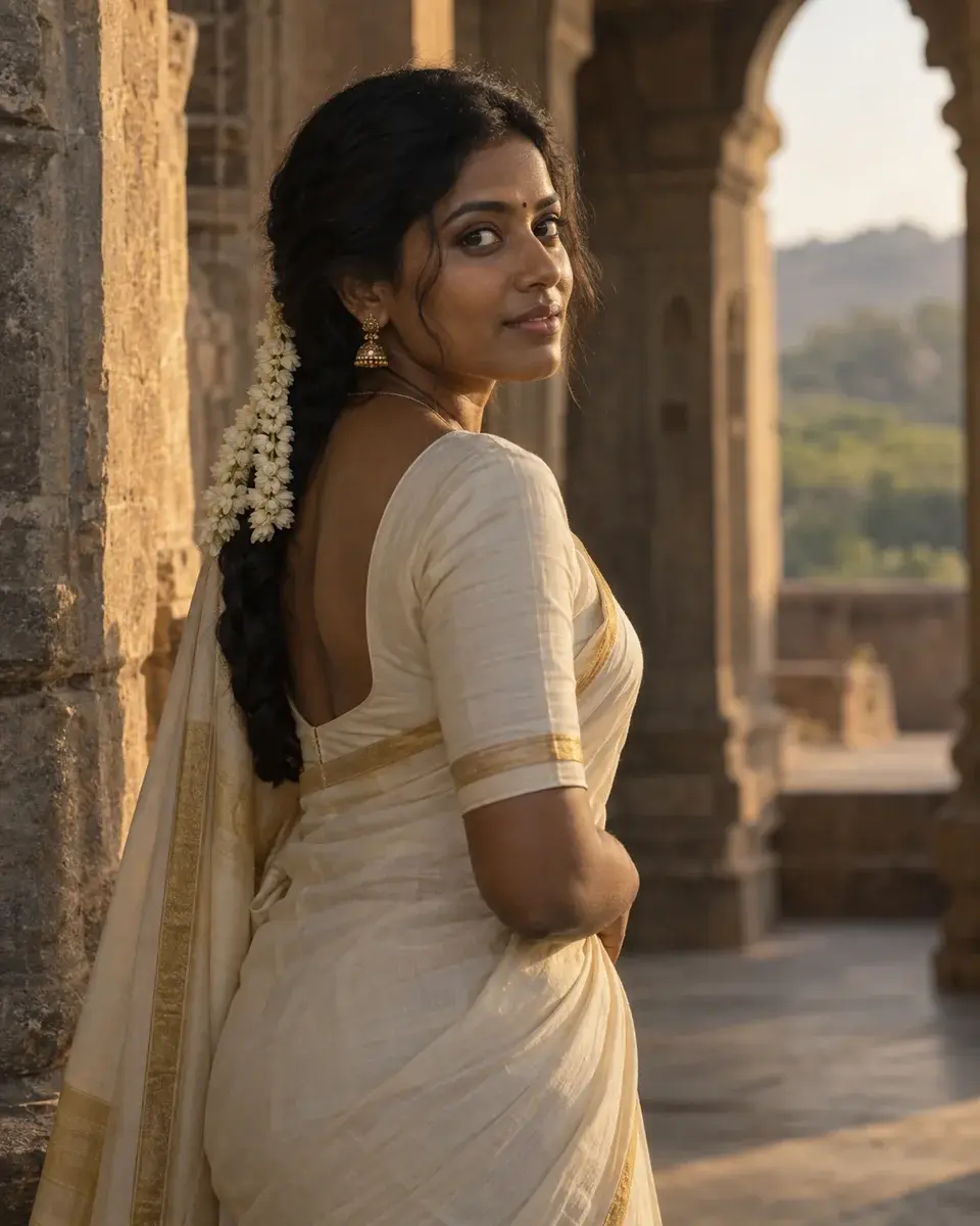 A South Indian woman in her early thirties with deep brown skin and a loose jasmine-adorned braid, wearing an ivory silk saree with a narrow gold border; she glances over her shoulder beside weathered sandstone arches