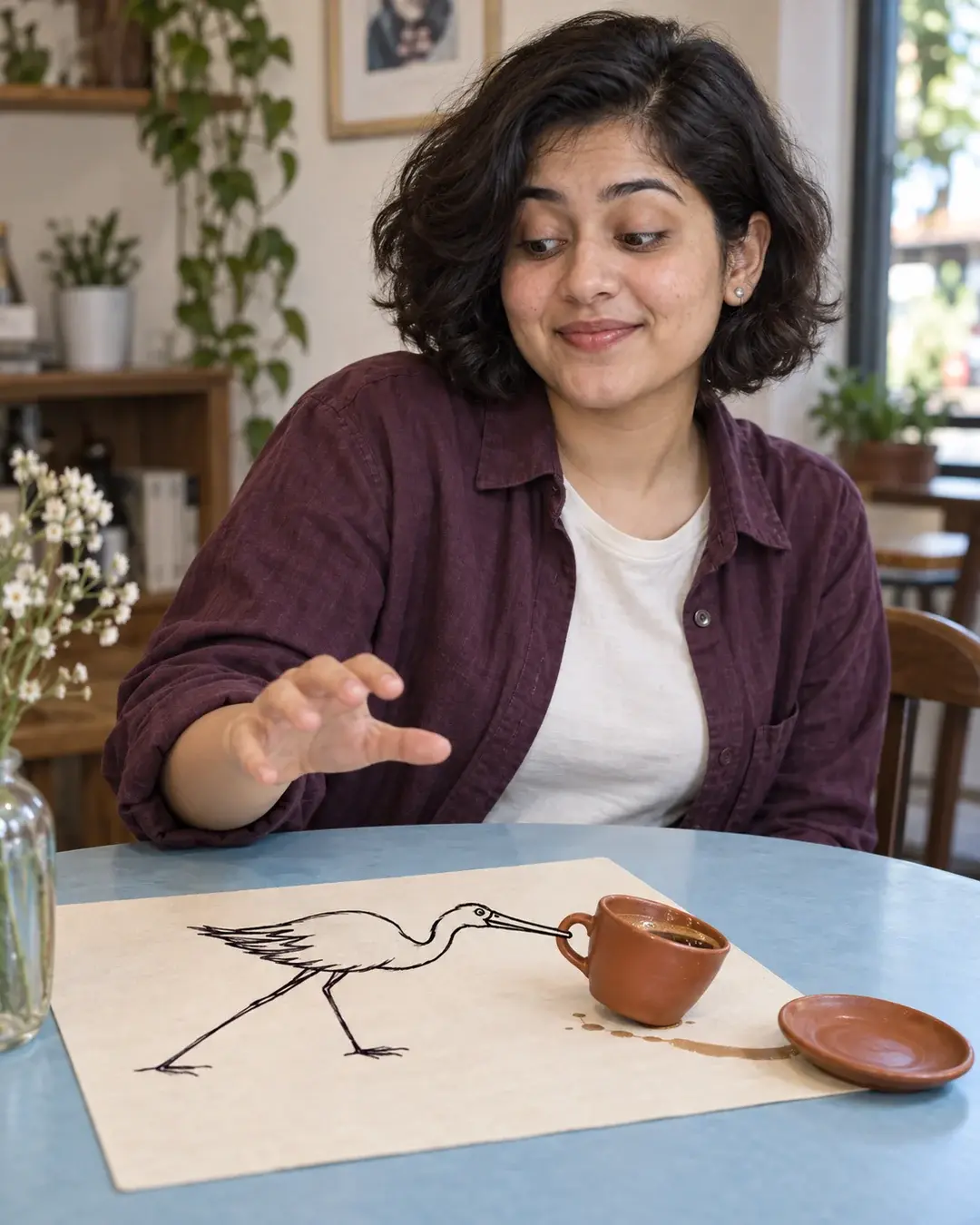 A woman reaches toward a terracotta cup being pulled by a flat ink bird on a paper placemat.
