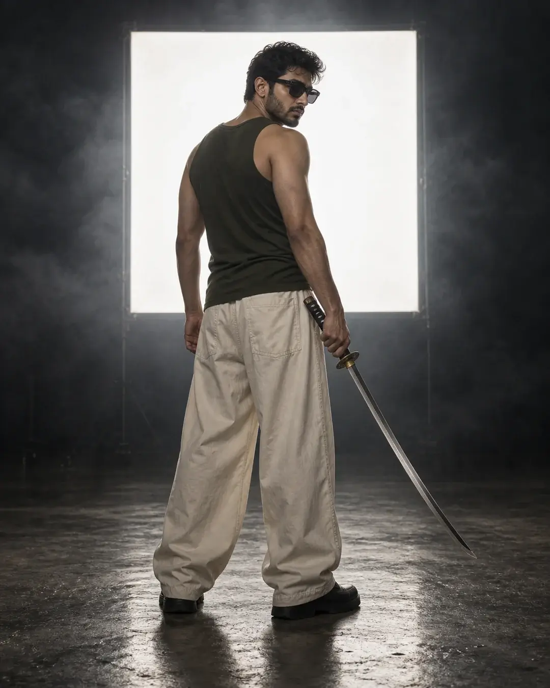 A man in an olive tank top and baggy cream trousers looks over his shoulder, holding a katana downward before a bright square studio light.