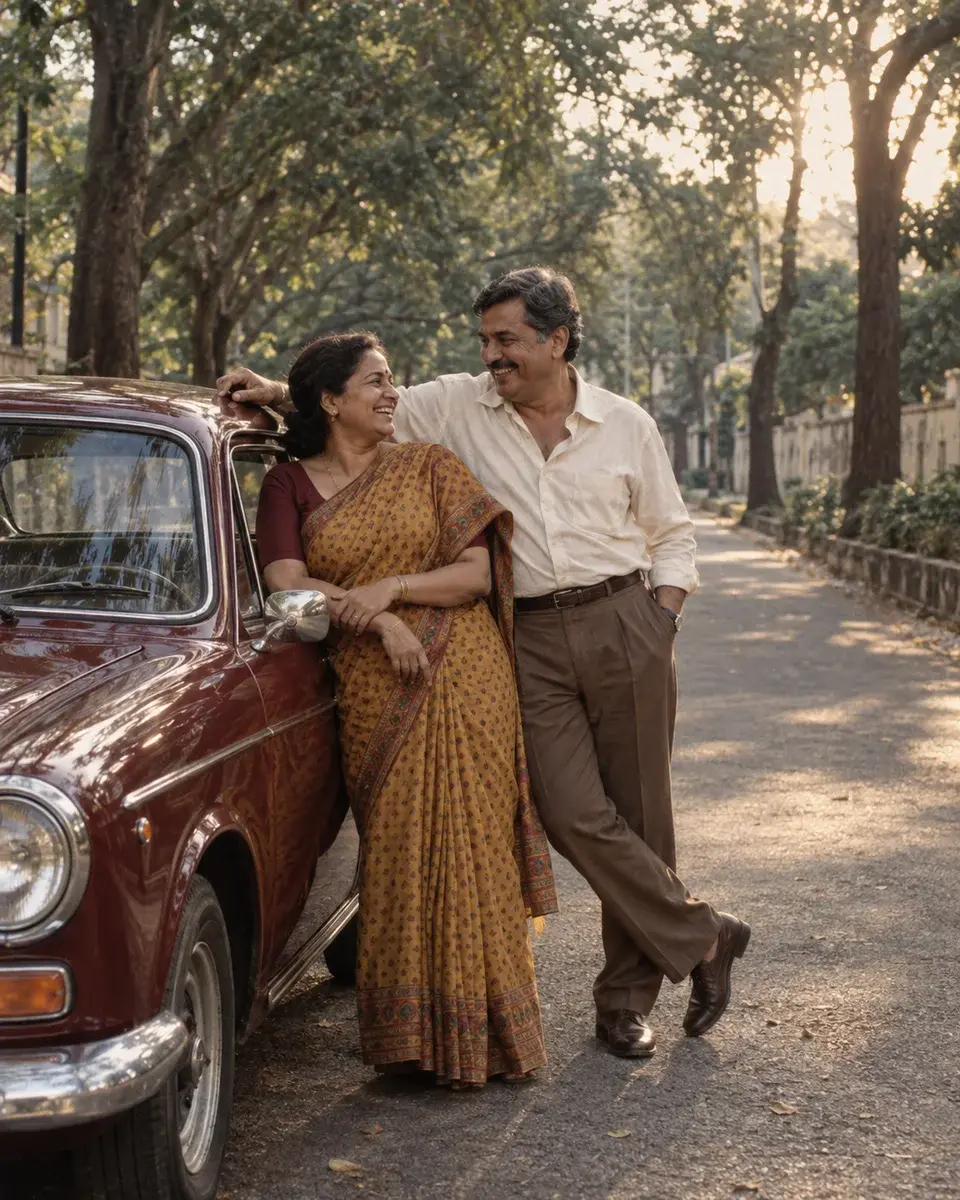 A South Asian couple in their fifties laughing beside a vintage maroon car, the woman in a mustard printed saree and the man in a cream open-collar shirt and brown trousers, on a quiet tree-lined avenue
