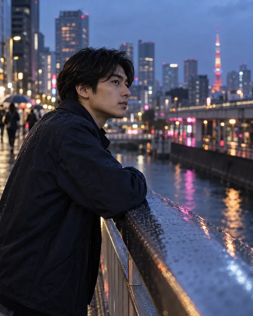 A young East Asian man with light olive skin wearing a navy jacket, looking across a rainy Tokyo pedestrian bridge at twilight, blurred city lights reflected on wet metal railings