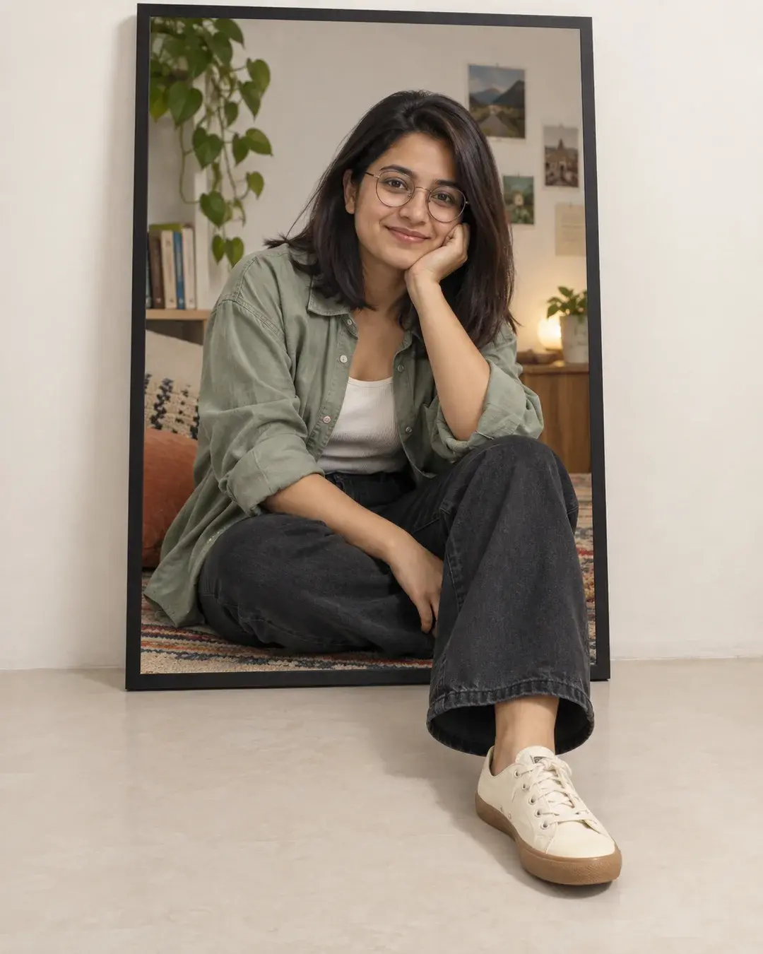 A seated woman appears inside a black picture frame while one sneaker and leg extend onto the floor.
