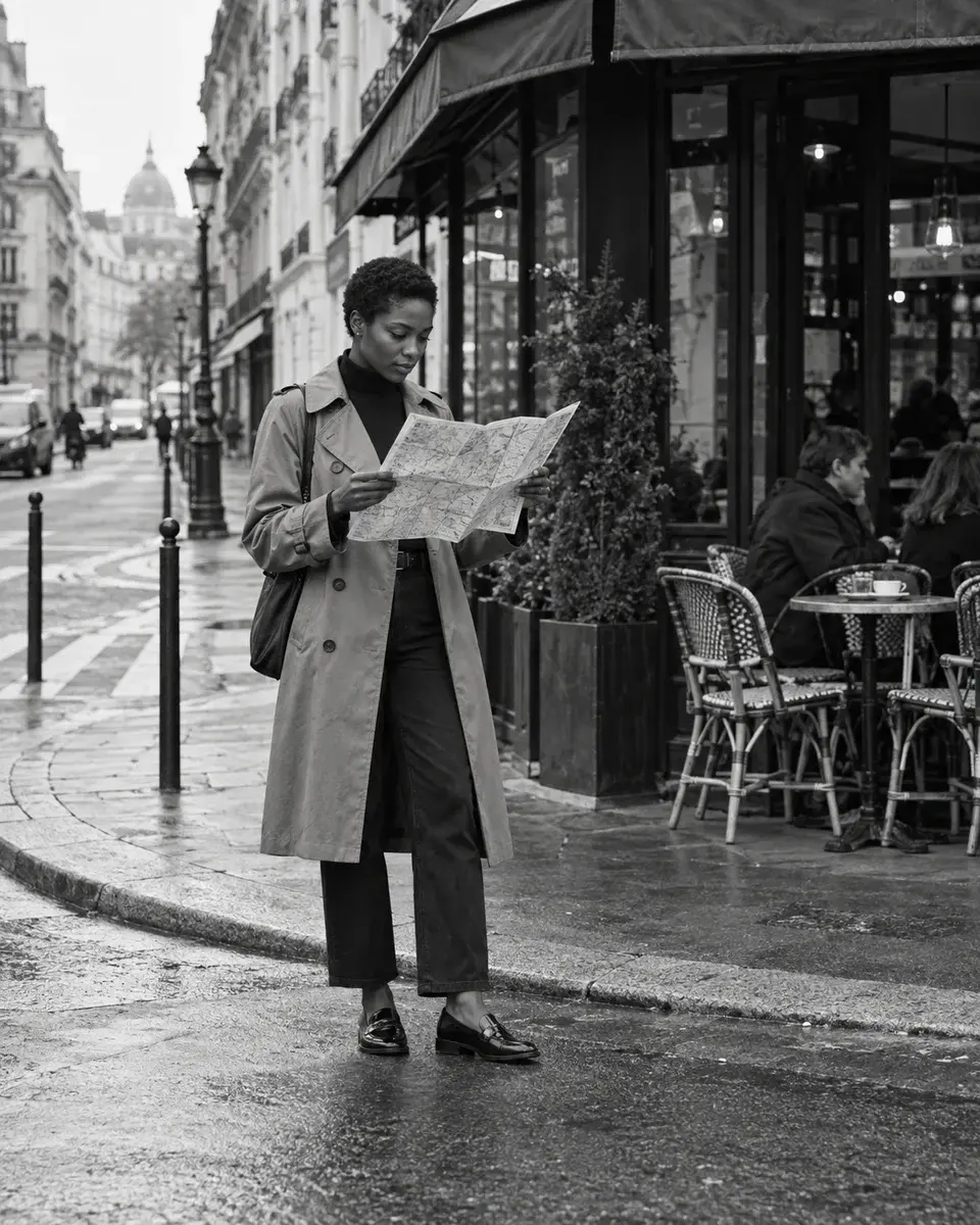 A Black woman in her thirties with a close-cropped natural hairstyle wearing a tailored trench coat and loafers, reading a folded map outside an ordinary Paris cafe