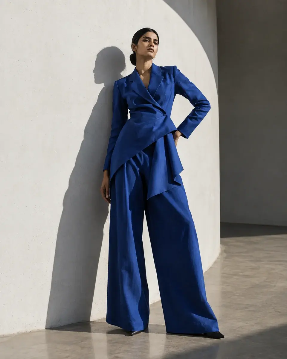 A tall South Asian woman with medium brown skin wearing a sculptural cobalt blue cotton suit, standing in a strong angular pose beside a curved white wall