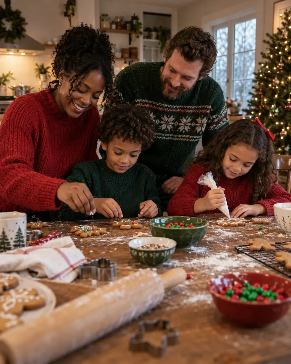 A family with a Black mother, white father and two school-aged children decorating gingerbread at a flour-dusted wooden kitchen table, red and green knitwear with an understated Christmas tree in the distance