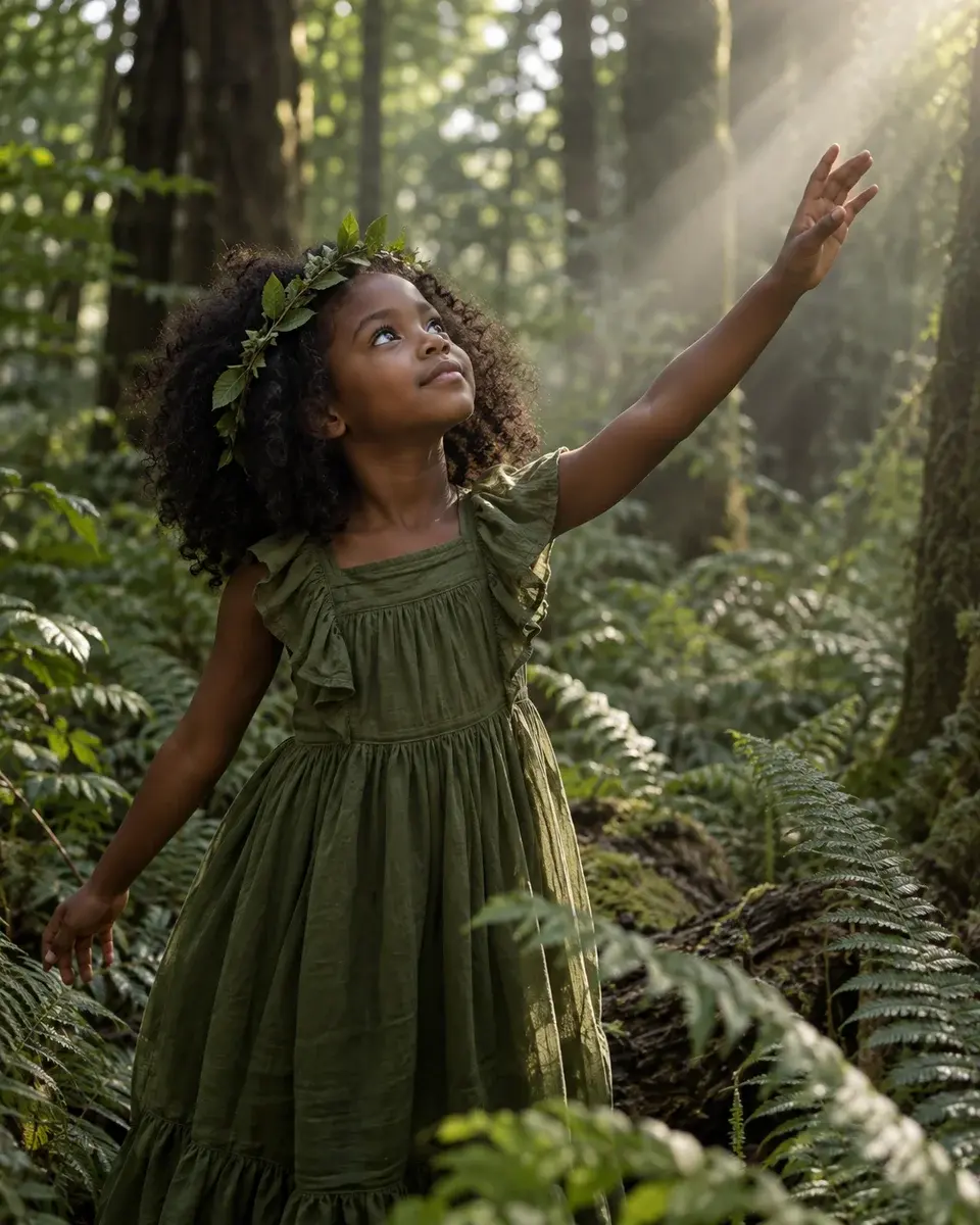 An eight-year-old girl with dark skin and natural coily hair wearing a moss-green storybook dress and a simple leaf crown in a fern-filled woodland, reaching towards a sunbeam