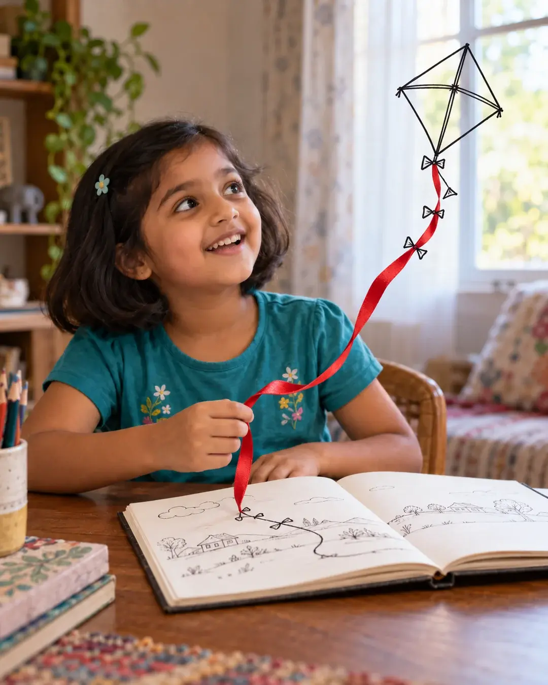 A child holds a red ribbon as a transparent black-ink kite rises from an open sketchbook.