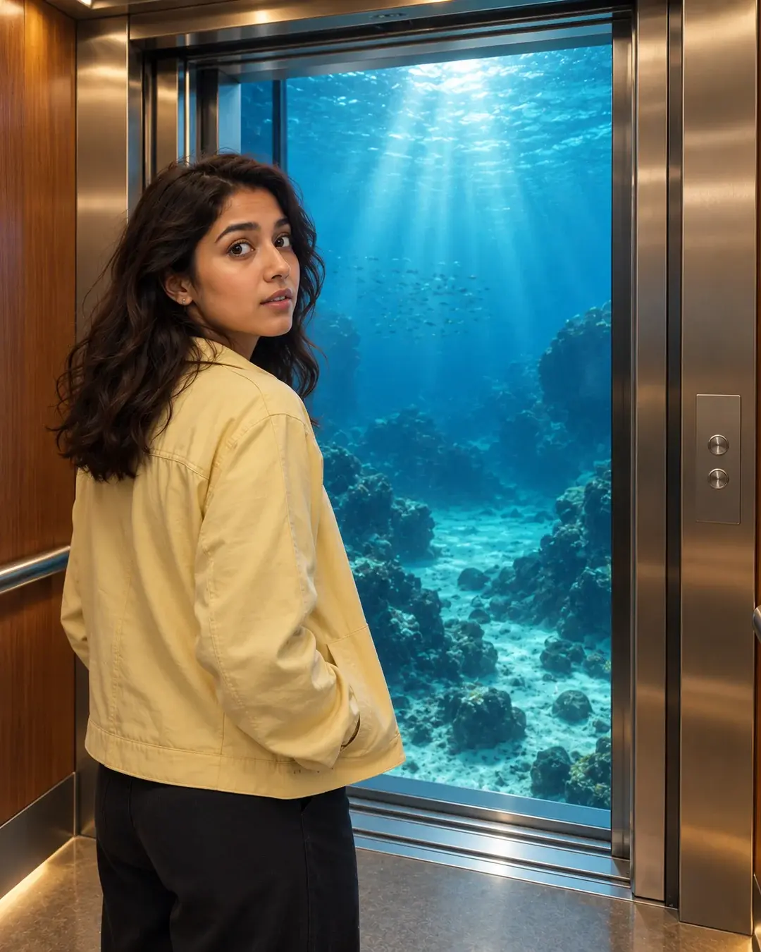 A woman in a yellow jacket turns inside a dry lift whose open inner doors reveal an underwater view behind glass.