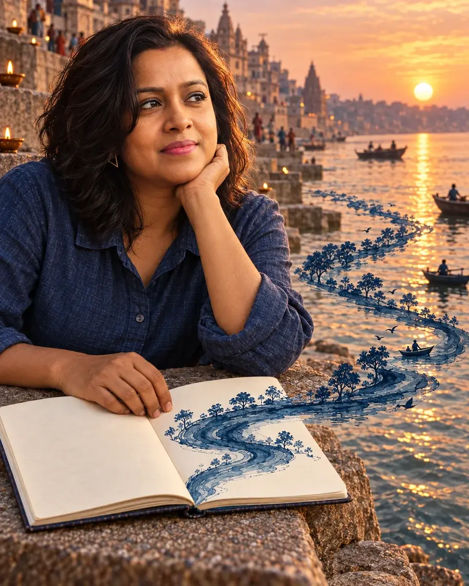 A reflective Indian woman rests an open journal on ghat steps as indigo ink flows from the page into a real river.