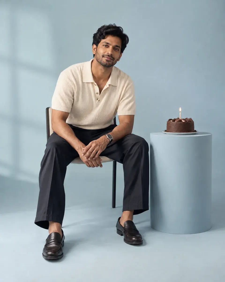 A South Asian man aged thirty with medium brown skin, wearing a cream knit polo and dark trousers, seated beside a tiny chocolate cake on a pale blue studio pedestal, no balloons or visible text
