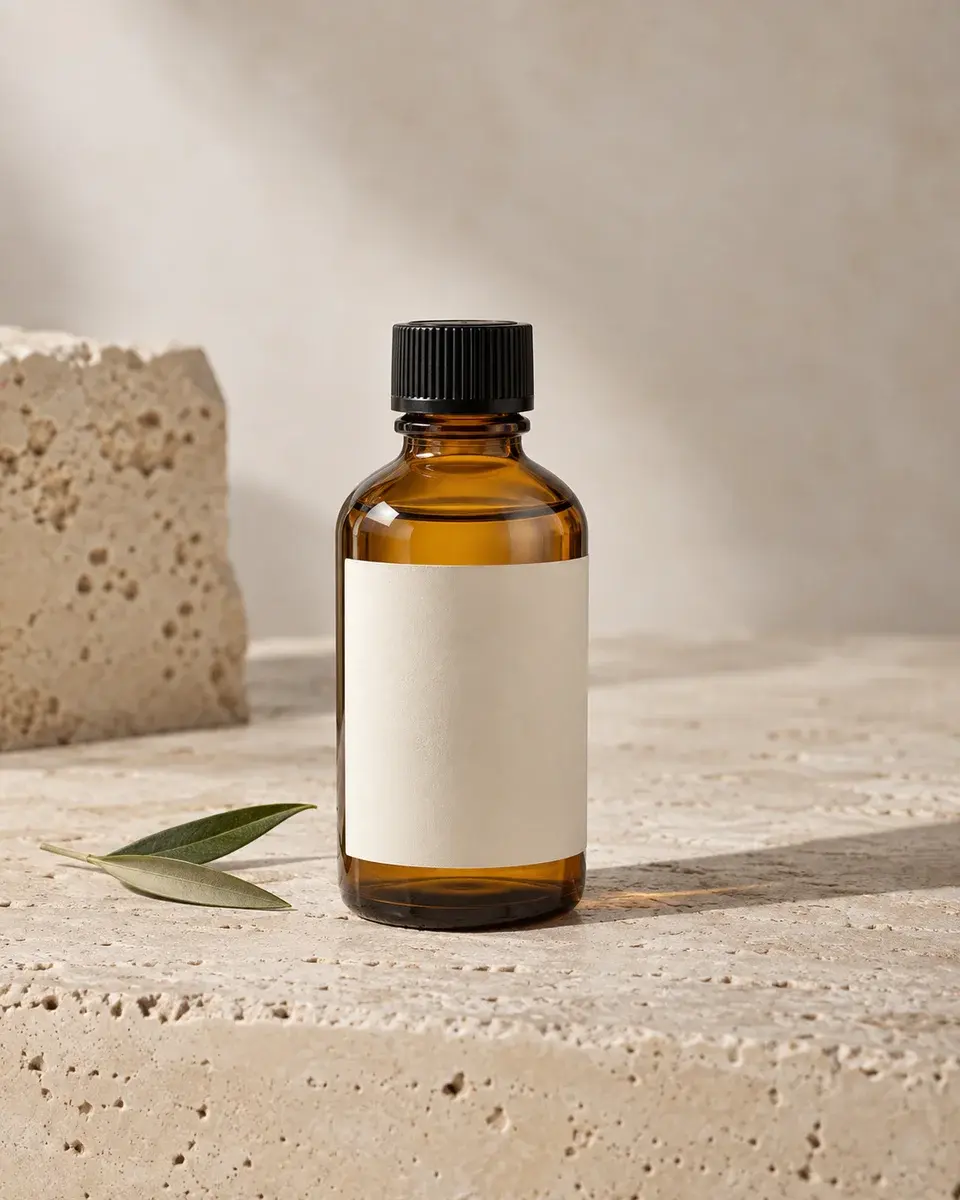 An unbranded amber glass skincare bottle with a blank cream label standing on pale travertine beside a single olive leaf, realistic glass thickness and clean controlled reflections